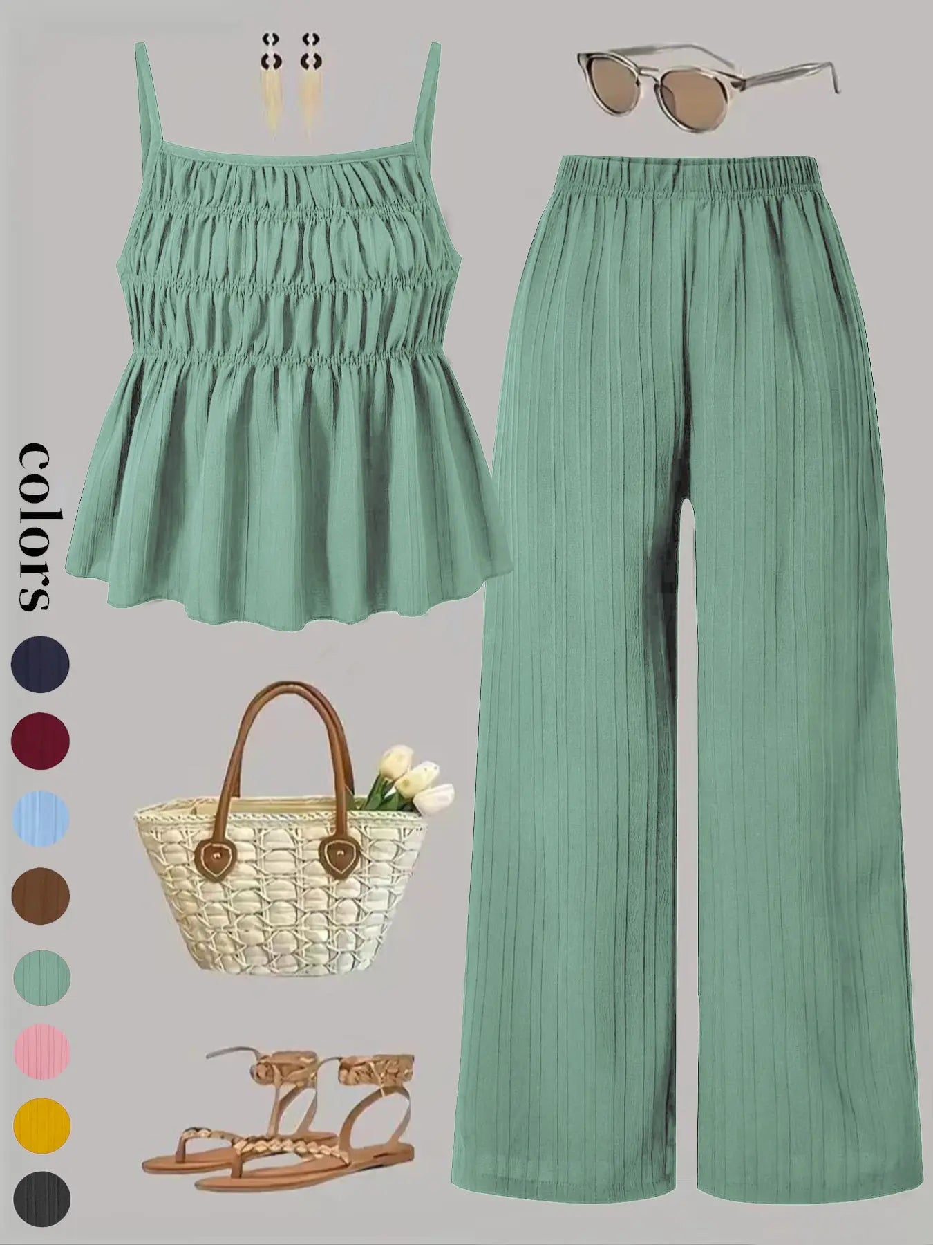 Two-Piece Set Women's Solid Color Cami Top & Wide Leg Pants Set, Street Fashion Casual Outfits for Daily Outdoor Wear