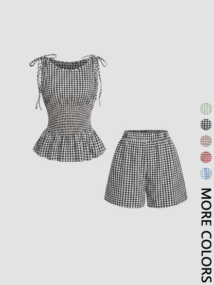 2 Piece Women'S Gingham Woven Fitted Adjustable Tie Shoulder Straps Smocked Waist Peplum Tank Top & Shorts Matching Set, Elastic Waistband, Breathable Lightweight Fabric Casual Wear for Daily Vacation Home Leisure, Aesthetic, Casual Lounge Set
