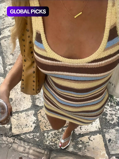 Summer Women'S Slimming Striped Knit Dress, Casual Fashion Long Sleeve round Neck Design, Perfect for Daily Wear, Bodycon Fit Striped Dress