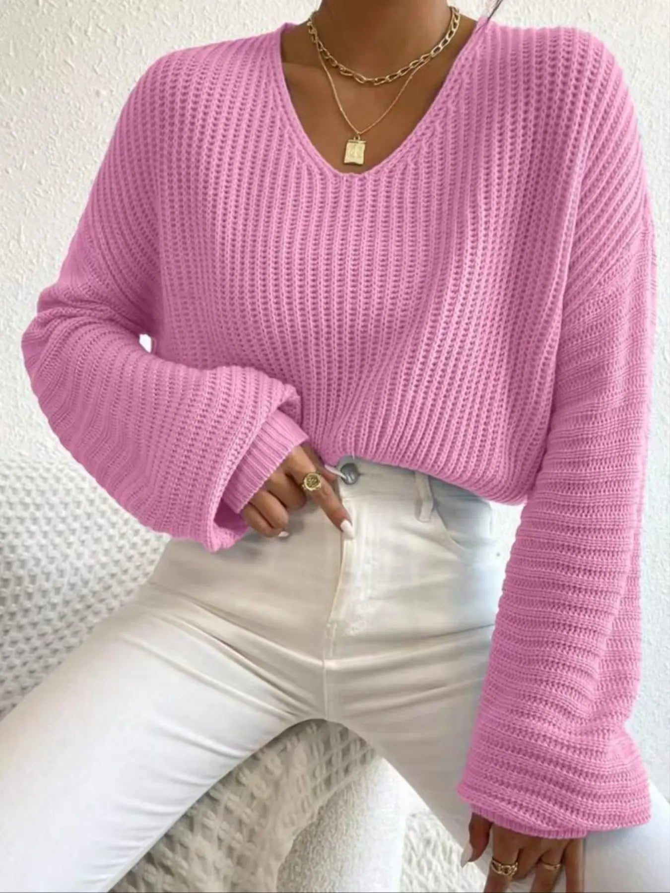 Women's Soft Drop Shoulder Loose Baggy Sweater, Casual Long Sleeve V Neck Jumper for Daily Outdoor Wear