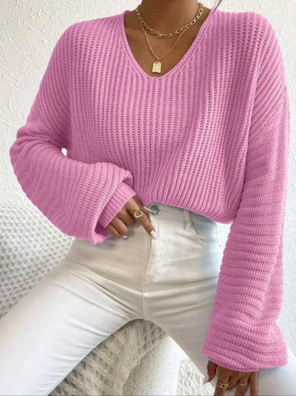Women's Soft Drop Shoulder Loose Baggy Sweater, Casual Long Sleeve V Neck Jumper for Daily Outdoor Wear