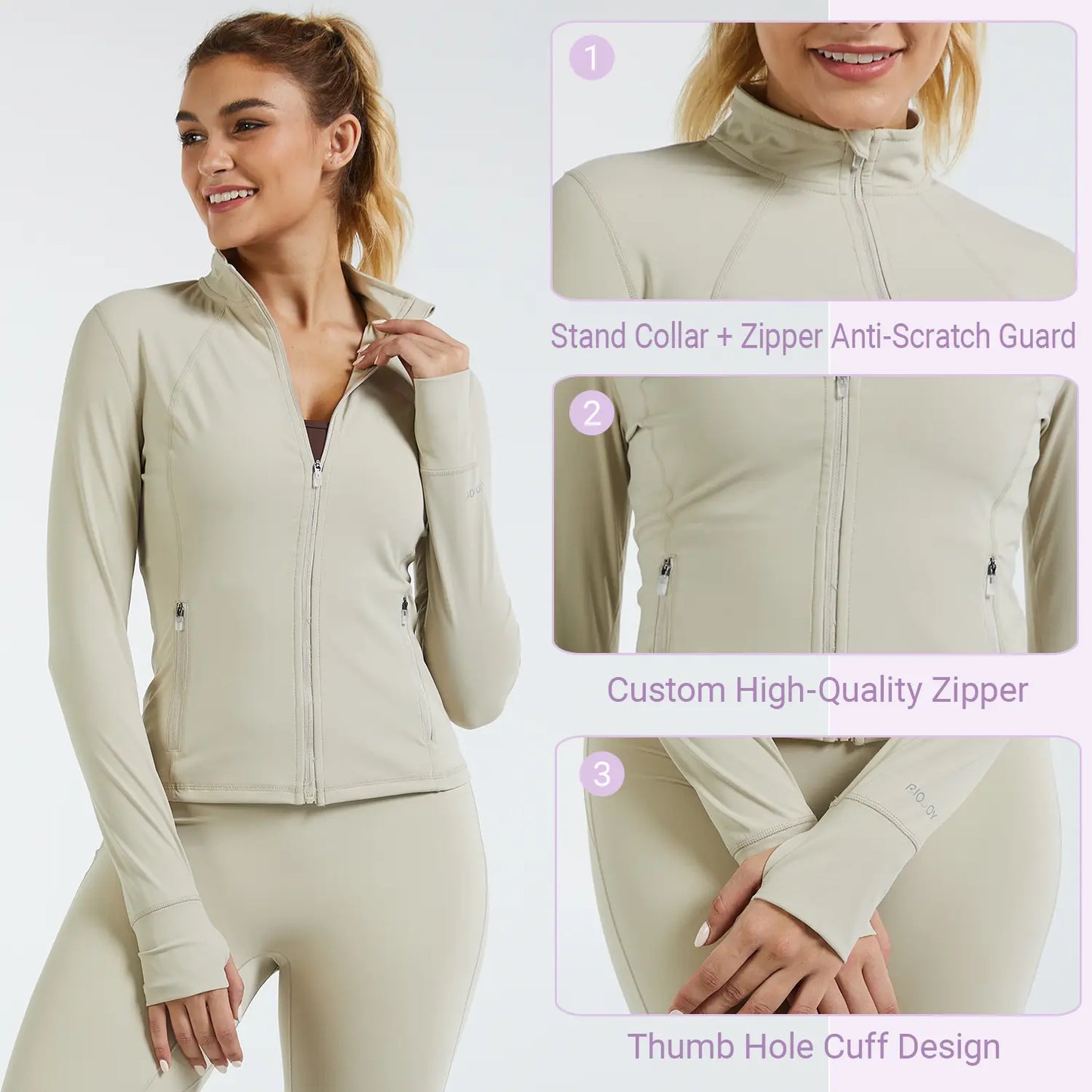 RIOJOY Women'S Basic Long Sleeve BBL Jacket - Spandex Fabric, Lightweight Stand-Up Collar, Full Zipper, Thumb Holes, Pockets, Quick Dry, Breathable, Slim Fit Reflective Outwear for Workout, Longsleeves, Coats