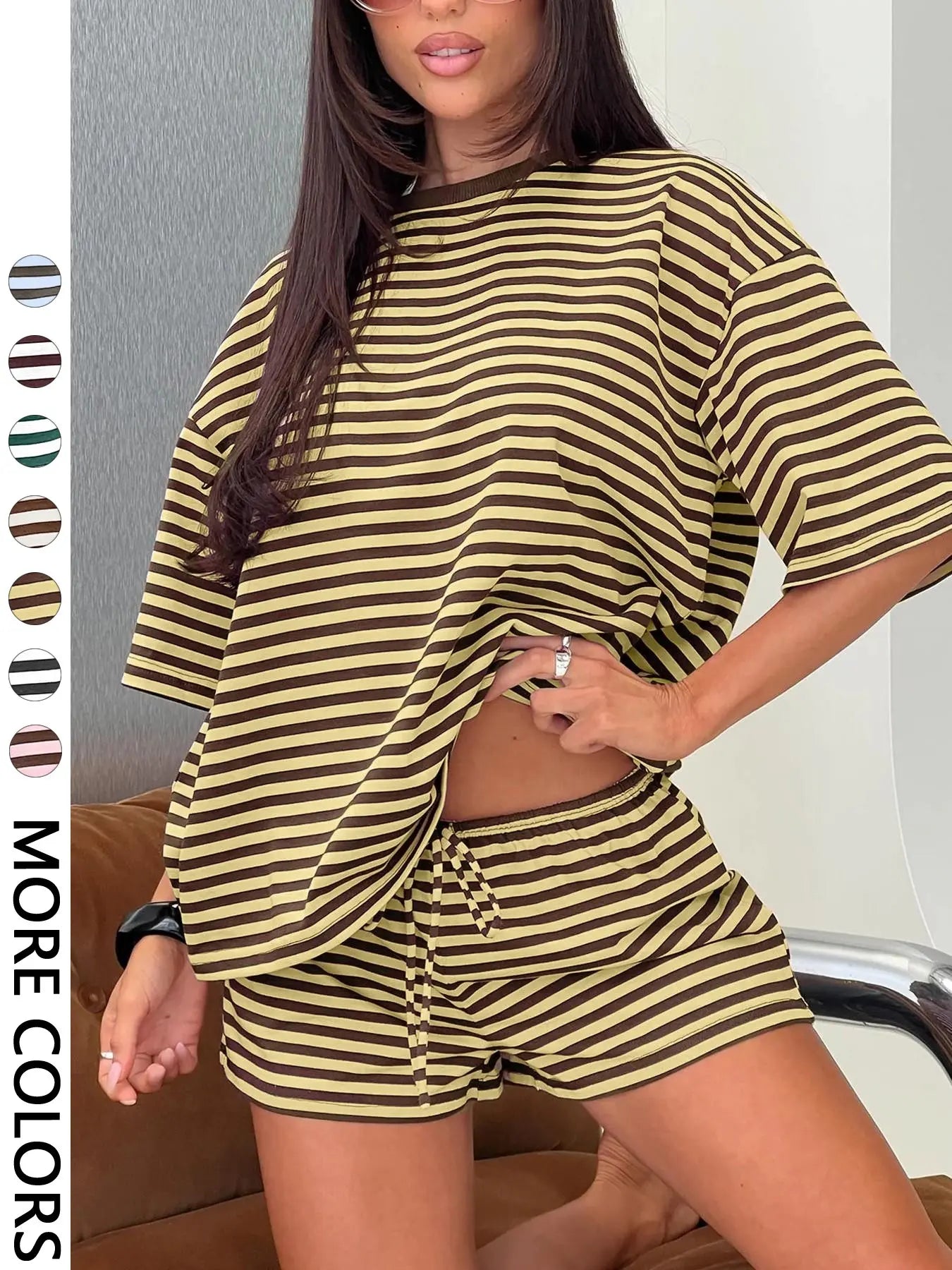 Women'S Striped 2 Piece Outfit Women | Oversized T-Shirt + Drawstring Shorts | Soft Casual Lounge Set for Daily Home Vacation Wear