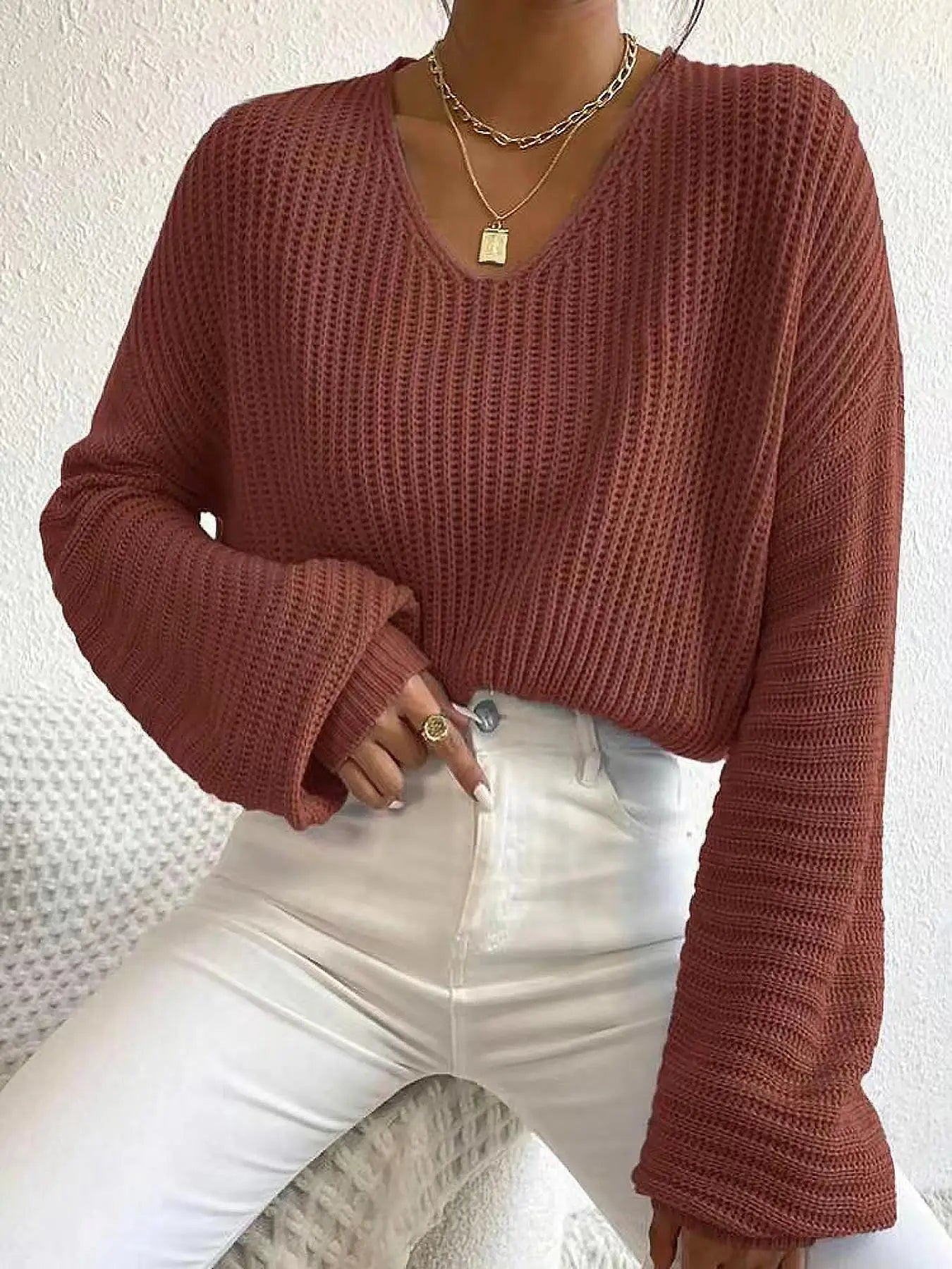 Women's Soft Drop Shoulder Loose Baggy Sweater, Casual Long Sleeve V Neck Jumper for Daily Outdoor Wear