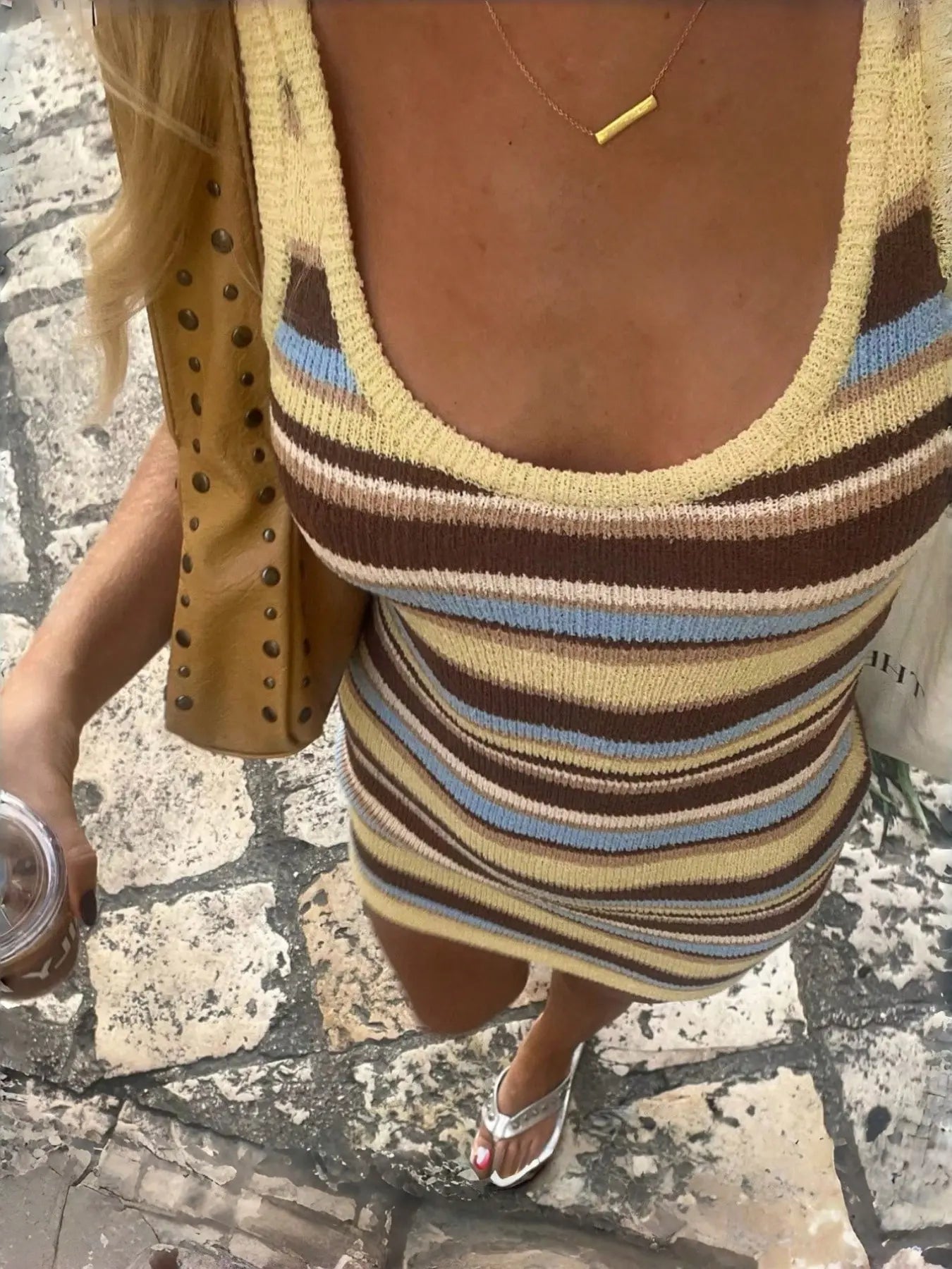 Summer Women'S Slimming Striped Knit Dress, Casual Fashion Long Sleeve round Neck Design, Perfect for Daily Wear, Bodycon Fit Striped Dress