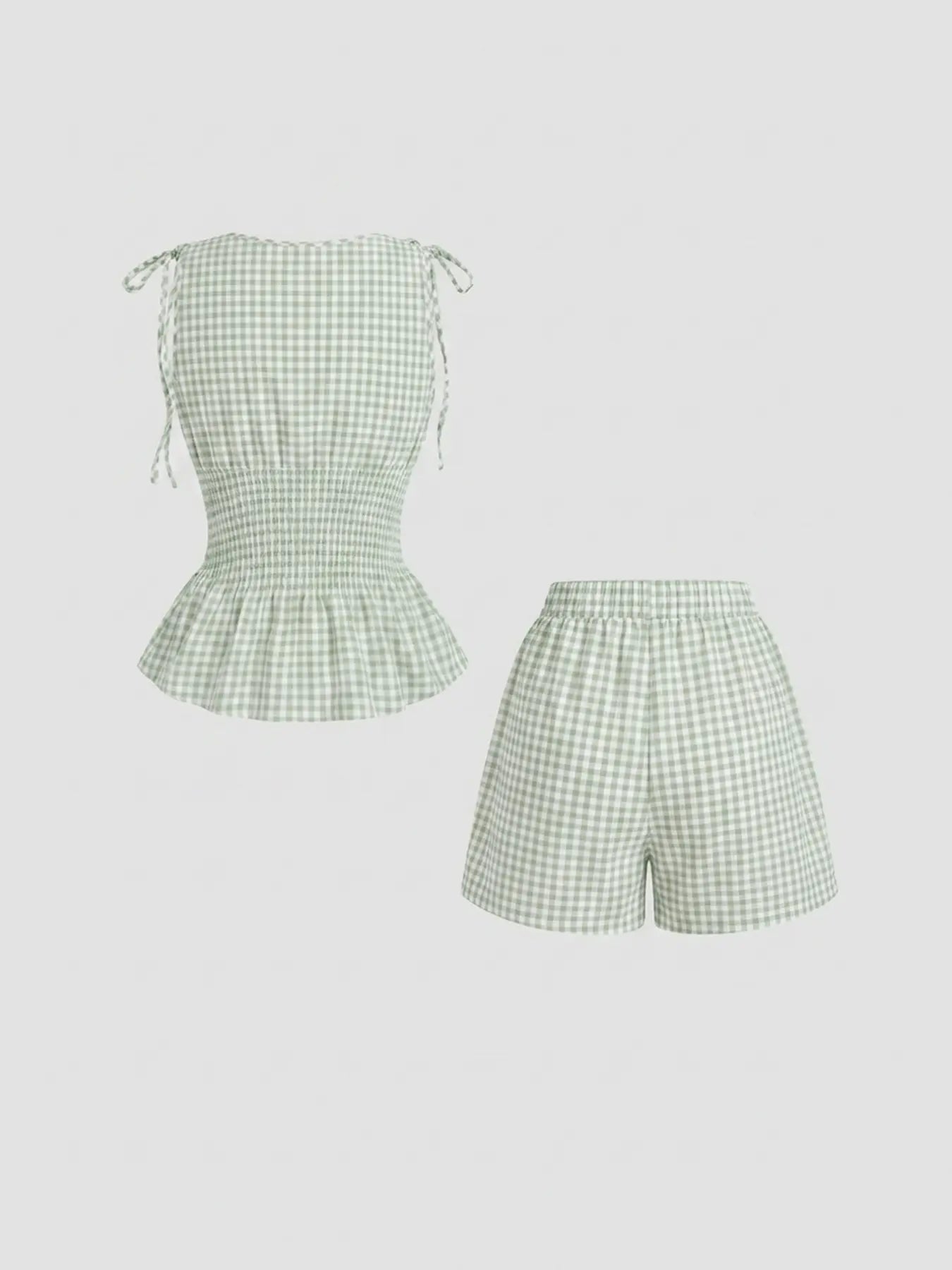 2 Piece Women'S Gingham Woven Fitted Adjustable Tie Shoulder Straps Smocked Waist Peplum Tank Top & Shorts Matching Set, Elastic Waistband, Breathable Lightweight Fabric Casual Wear for Daily Vacation Home Leisure, Aesthetic, Casual Lounge Set