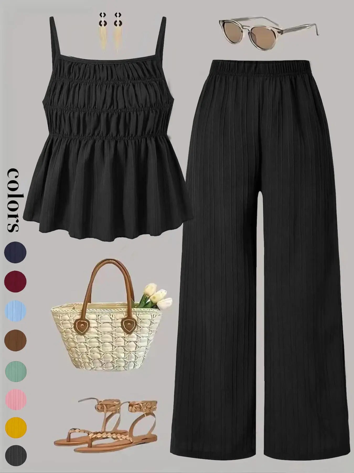 Two-Piece Set Women's Solid Color Cami Top & Wide Leg Pants Set, Street Fashion Casual Outfits for Daily Outdoor Wear
