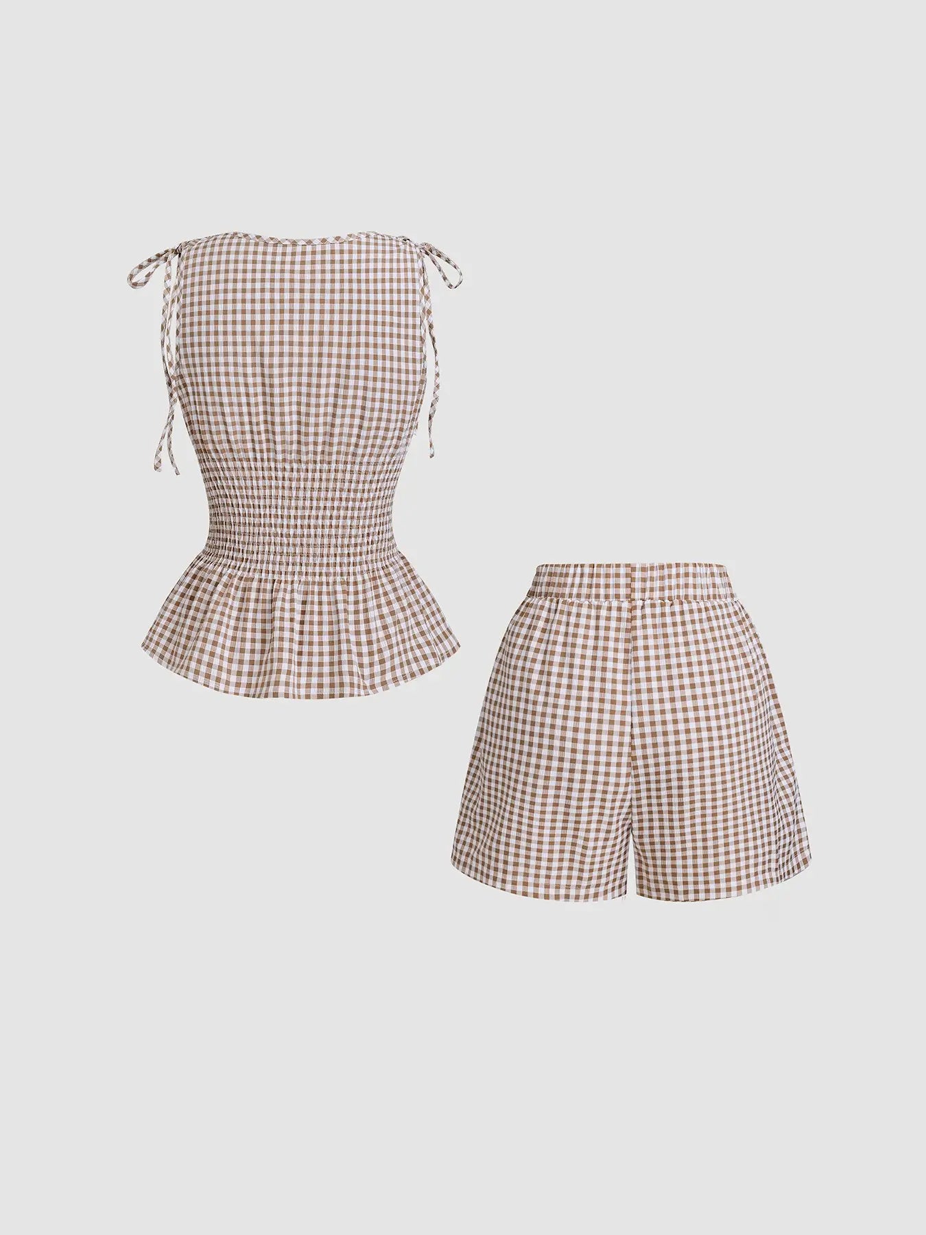 2 Piece Women'S Gingham Woven Fitted Adjustable Tie Shoulder Straps Smocked Waist Peplum Tank Top & Shorts Matching Set, Elastic Waistband, Breathable Lightweight Fabric Casual Wear for Daily Vacation Home Leisure, Aesthetic, Casual Lounge Set