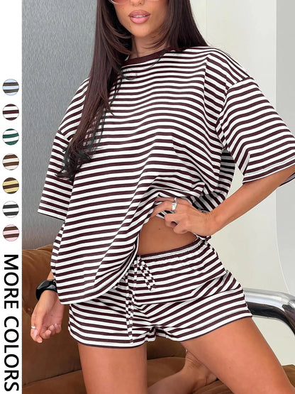 Women'S Striped 2 Piece Outfit Women | Oversized T-Shirt + Drawstring Shorts | Soft Casual Lounge Set for Daily Home Vacation Wear