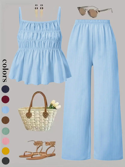 Two-Piece Set Women's Solid Color Cami Top & Wide Leg Pants Set, Street Fashion Casual Outfits for Daily Outdoor Wear