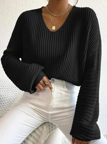 Women's Soft Drop Shoulder Loose Baggy Sweater, Casual Long Sleeve V Neck Jumper for Daily Outdoor Wear