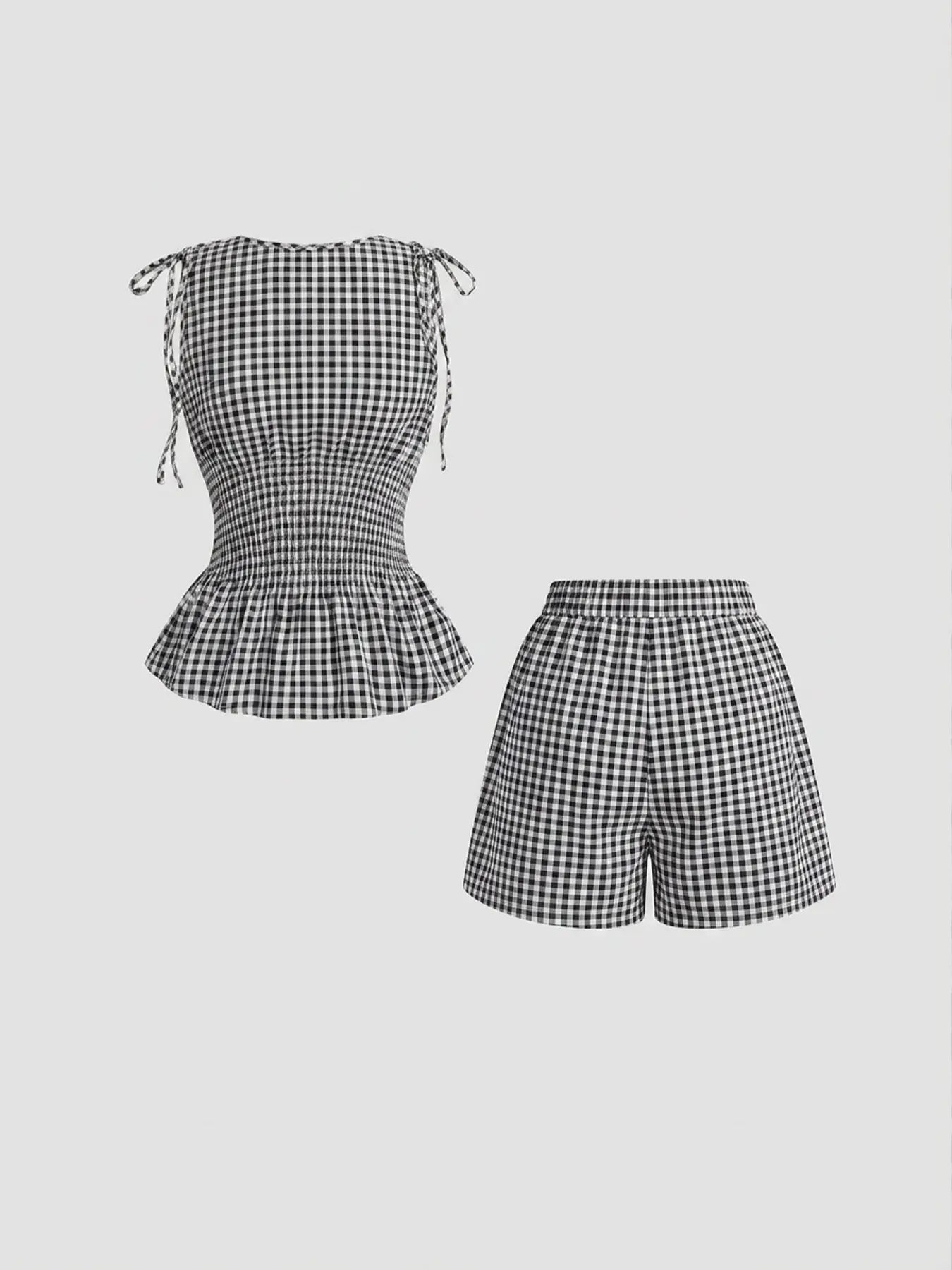 2 Piece Women'S Gingham Woven Fitted Adjustable Tie Shoulder Straps Smocked Waist Peplum Tank Top & Shorts Matching Set, Elastic Waistband, Breathable Lightweight Fabric Casual Wear for Daily Vacation Home Leisure, Aesthetic, Casual Lounge Set