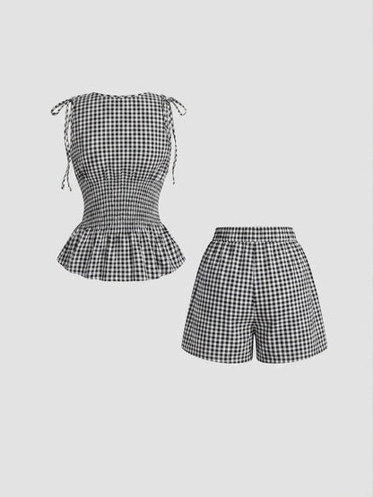 2 Piece Women'S Gingham Woven Fitted Adjustable Tie Shoulder Straps Smocked Waist Peplum Tank Top & Shorts Matching Set, Elastic Waistband, Breathable Lightweight Fabric Casual Wear for Daily Vacation Home Leisure, Aesthetic, Casual Lounge Set