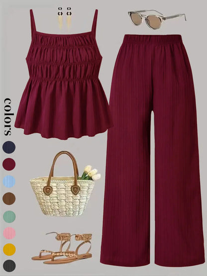 Two-Piece Set Women's Solid Color Cami Top & Wide Leg Pants Set, Street Fashion Casual Outfits for Daily Outdoor Wear