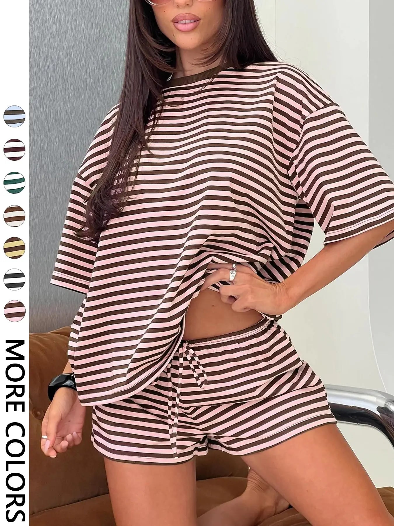 Women'S Striped 2 Piece Outfit Women | Oversized T-Shirt + Drawstring Shorts | Soft Casual Lounge Set for Daily Home Vacation Wear