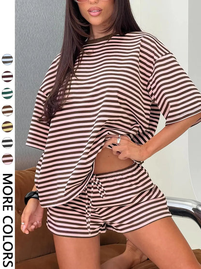 Women'S Striped 2 Piece Outfit Women | Oversized T-Shirt + Drawstring Shorts | Soft Casual Lounge Set for Daily Home Vacation Wear