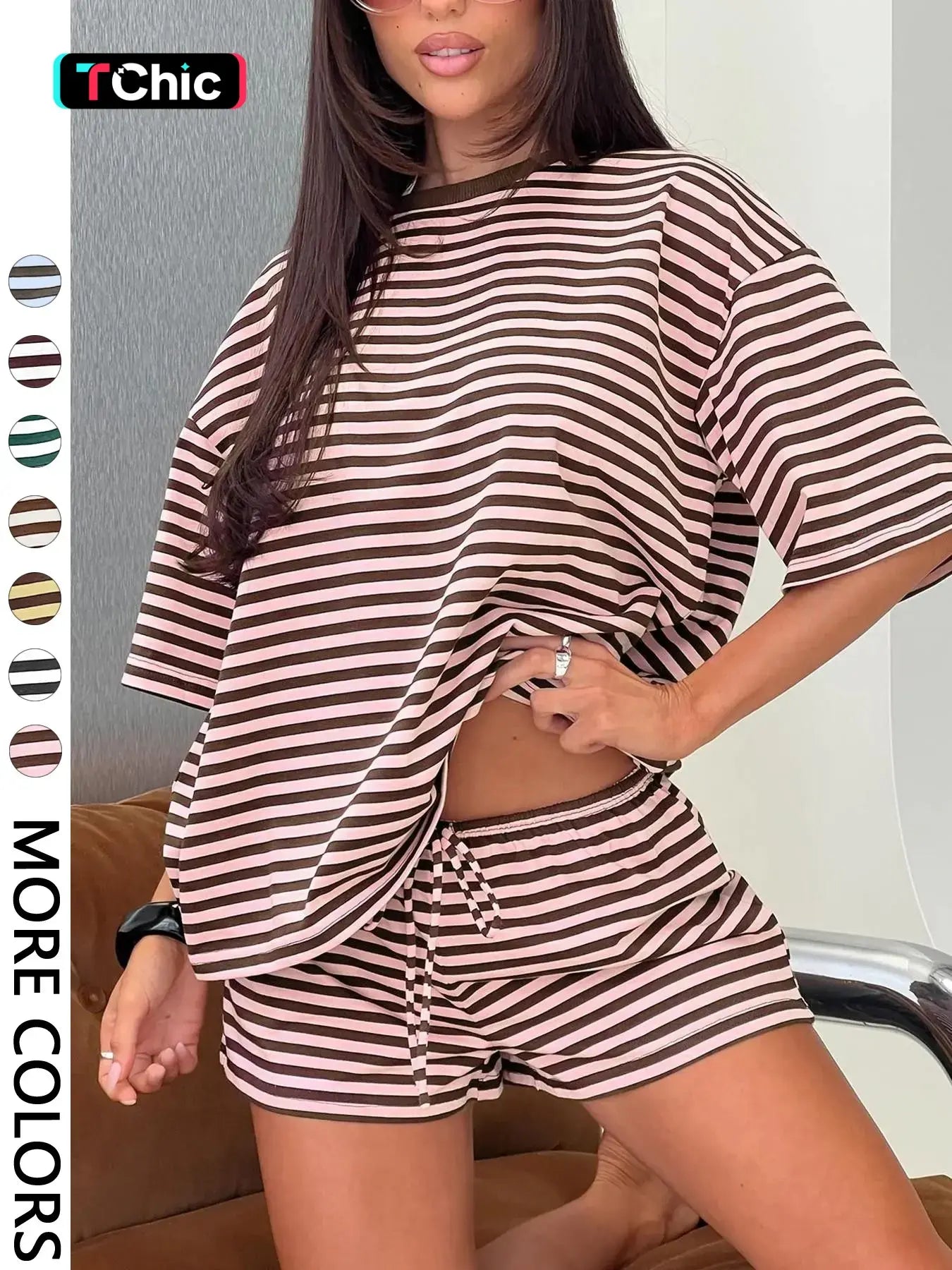 Women'S Striped 2 Piece Outfit Women | Oversized T-Shirt + Drawstring Shorts | Soft Casual Lounge Set for Daily Home Vacation Wear
