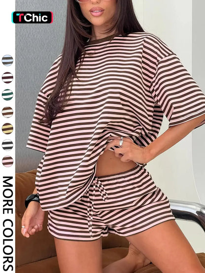Women'S Striped 2 Piece Outfit Women | Oversized T-Shirt + Drawstring Shorts | Soft Casual Lounge Set for Daily Home Vacation Wear