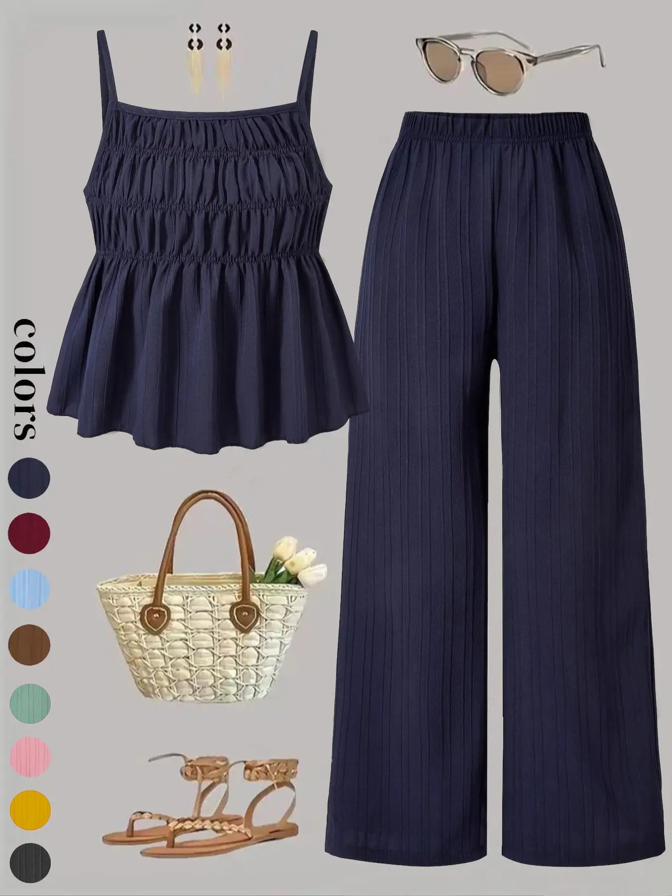 Two-Piece Set Women's Solid Color Cami Top & Wide Leg Pants Set, Street Fashion Casual Outfits for Daily Outdoor Wear