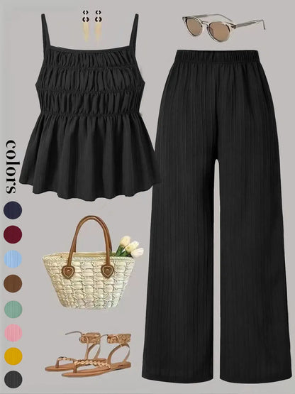 Two-Piece Set Women's Solid Color Cami Top & Wide Leg Pants Set, Street Fashion Casual Outfits for Daily Outdoor Wear