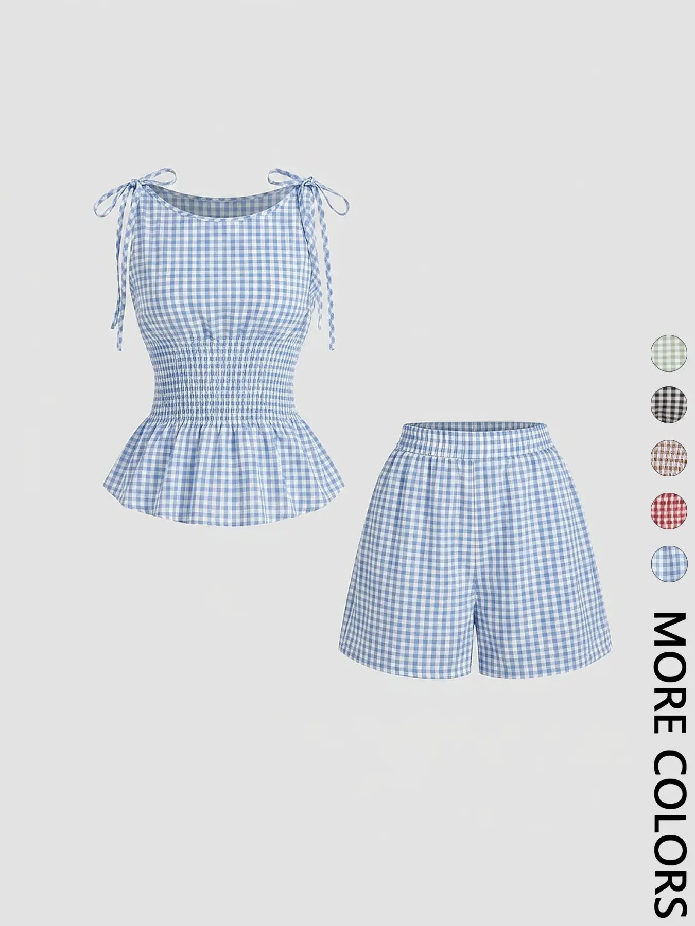 2 Piece Women'S Gingham Woven Fitted Adjustable Tie Shoulder Straps Smocked Waist Peplum Tank Top & Shorts Matching Set, Elastic Waistband, Breathable Lightweight Fabric Casual Wear for Daily Vacation Home Leisure, Aesthetic, Casual Lounge Set