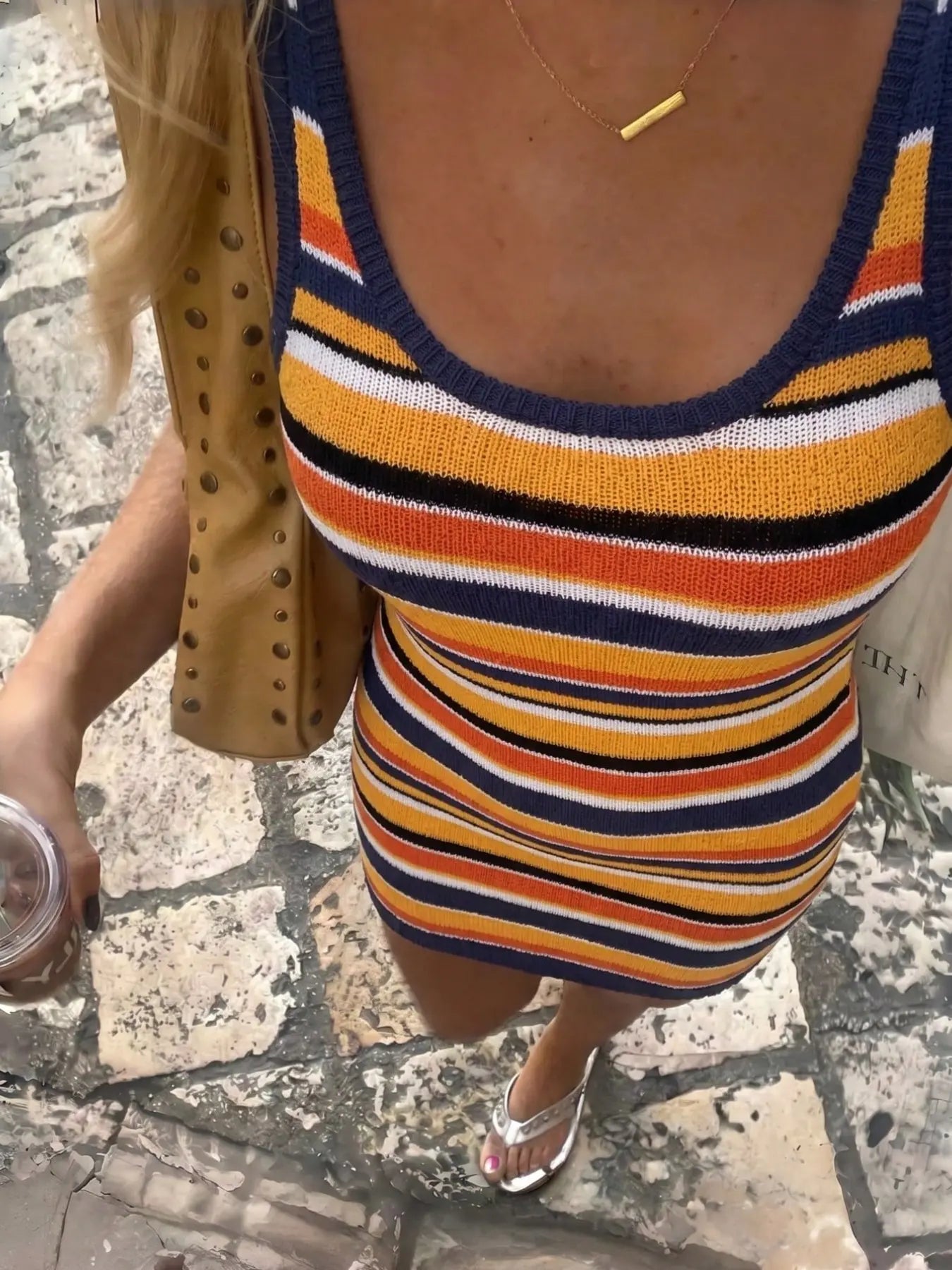 Summer Women'S Slimming Striped Knit Dress, Casual Fashion Long Sleeve round Neck Design, Perfect for Daily Wear, Bodycon Fit Striped Dress