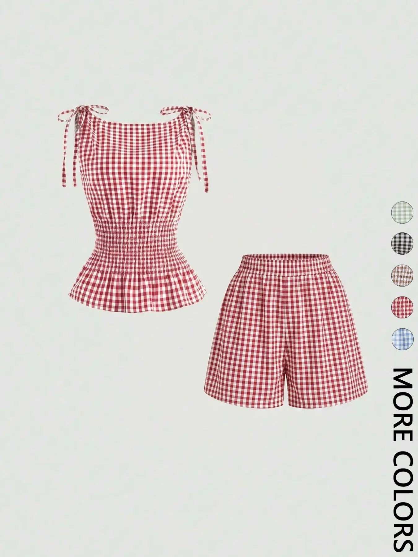 2 Piece Women'S Gingham Woven Fitted Adjustable Tie Shoulder Straps Smocked Waist Peplum Tank Top & Shorts Matching Set, Elastic Waistband, Breathable Lightweight Fabric Casual Wear for Daily Vacation Home Leisure, Aesthetic, Casual Lounge Set