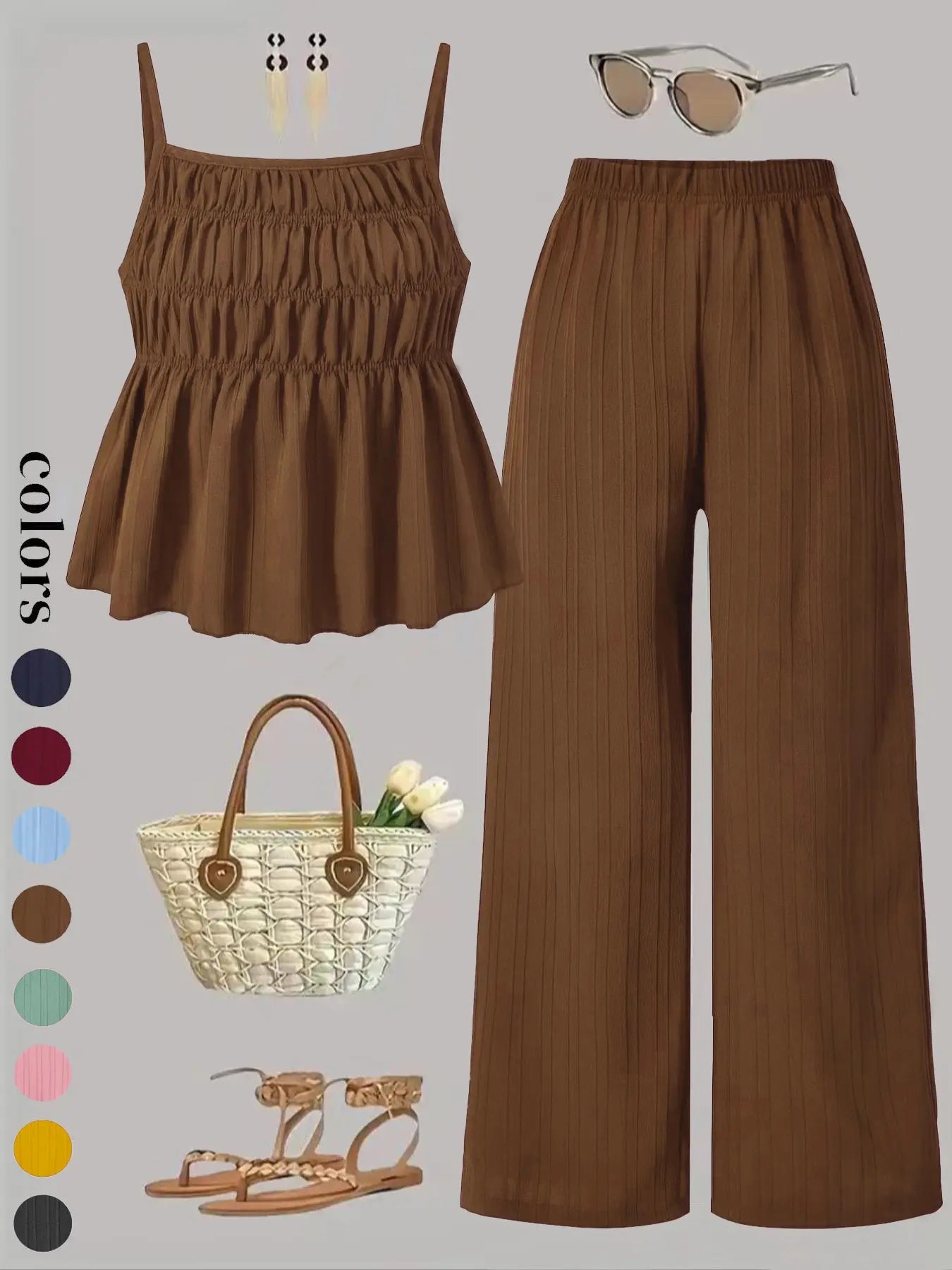 Two-Piece Set Women's Solid Color Cami Top & Wide Leg Pants Set, Street Fashion Casual Outfits for Daily Outdoor Wear