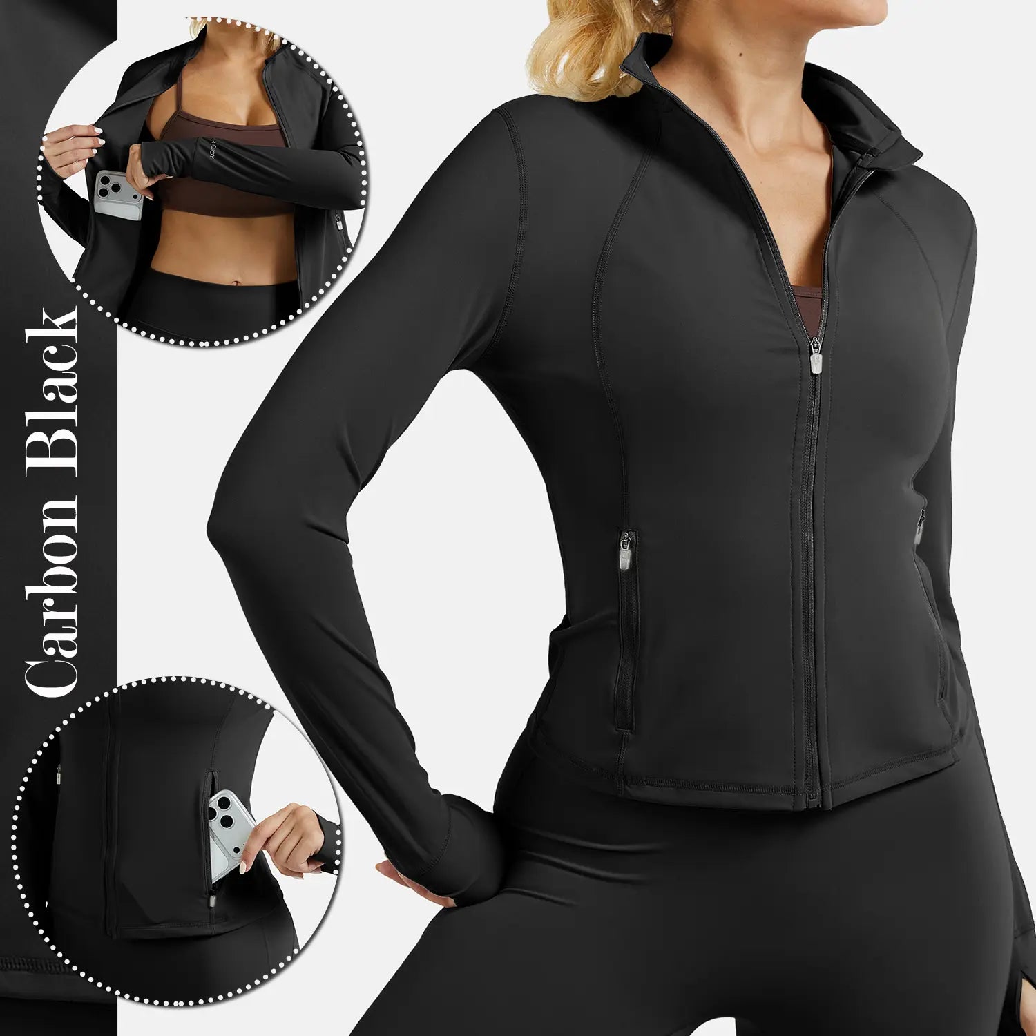 RIOJOY Women'S Basic Long Sleeve BBL Jacket - Spandex Fabric, Lightweight Stand-Up Collar, Full Zipper, Thumb Holes, Pockets, Quick Dry, Breathable, Slim Fit Reflective Outwear for Workout, Longsleeves, Coats