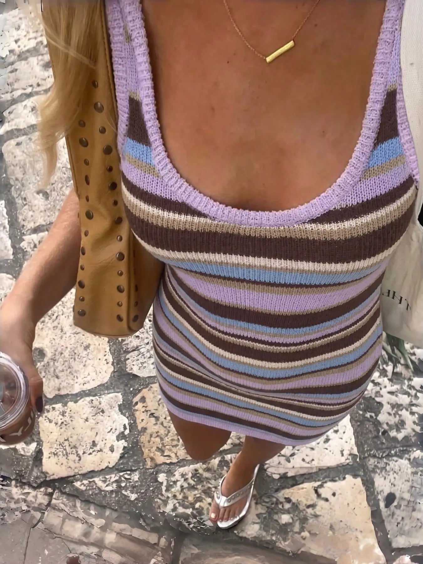 Summer Women'S Slimming Striped Knit Dress, Casual Fashion Long Sleeve round Neck Design, Perfect for Daily Wear, Bodycon Fit Striped Dress