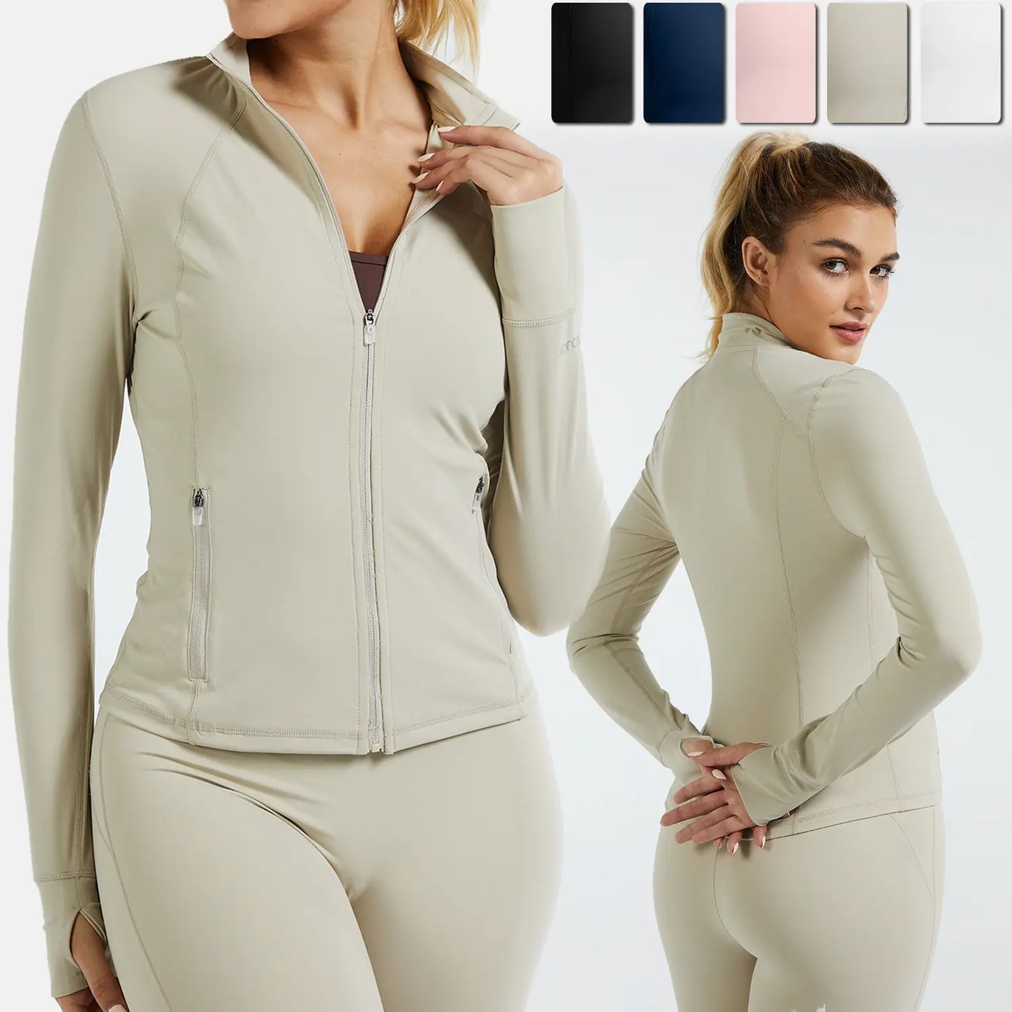 RIOJOY Women'S Basic Long Sleeve BBL Jacket - Spandex Fabric, Lightweight Stand-Up Collar, Full Zipper, Thumb Holes, Pockets, Quick Dry, Breathable, Slim Fit Reflective Outwear for Workout, Longsleeves, Coats