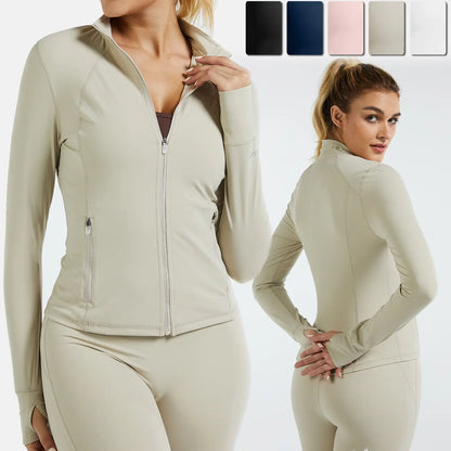 RIOJOY Women'S Basic Long Sleeve BBL Jacket - Spandex Fabric, Lightweight Stand-Up Collar, Full Zipper, Thumb Holes, Pockets, Quick Dry, Breathable, Slim Fit Reflective Outwear for Workout, Longsleeves, Coats