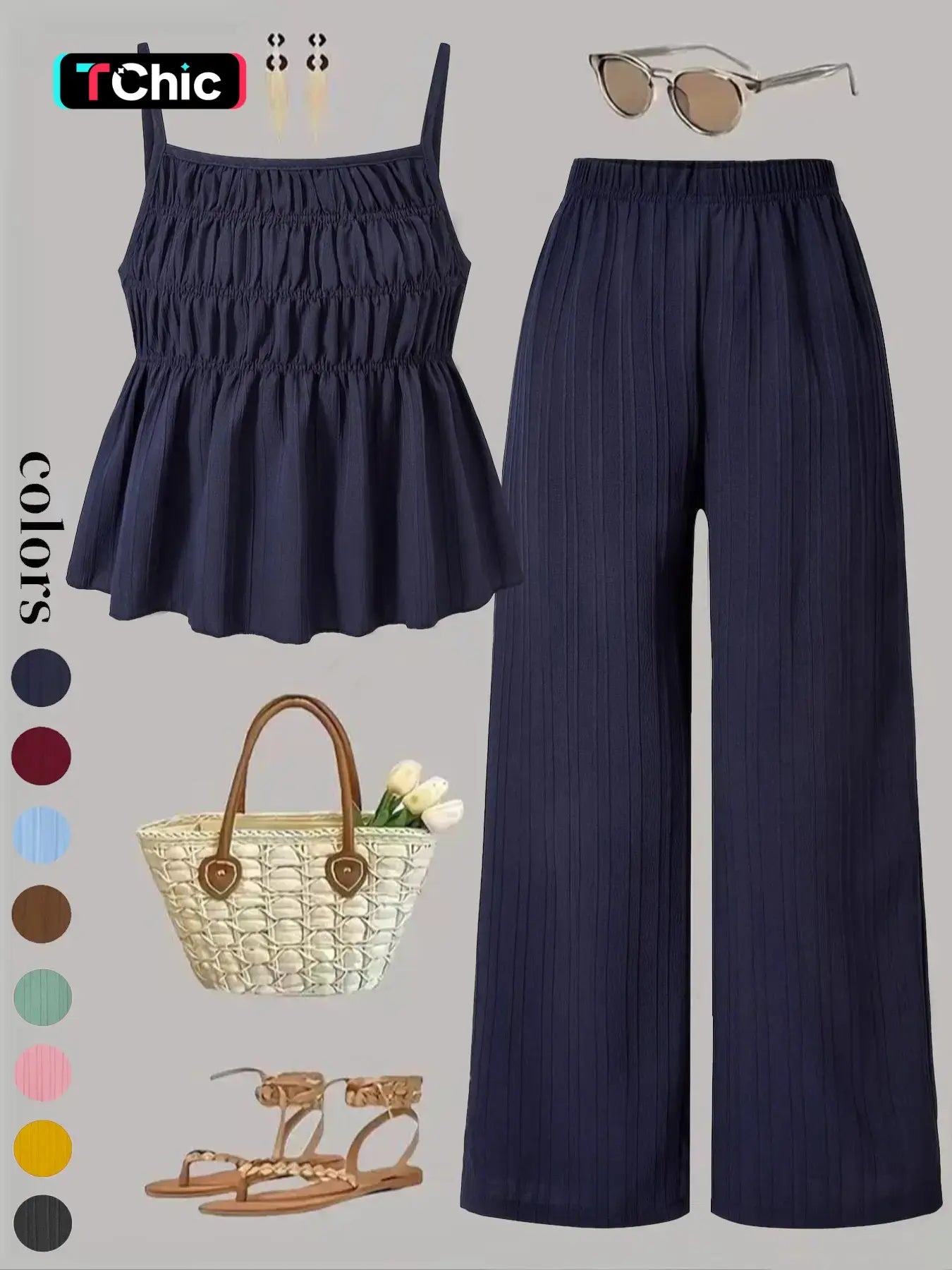 Two-Piece Set Women's Solid Color Cami Top & Wide Leg Pants Set, Street Fashion Casual Outfits for Daily Outdoor Wear