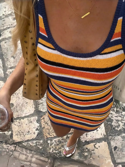 Summer Women'S Slimming Striped Knit Dress, Casual Fashion Long Sleeve round Neck Design, Perfect for Daily Wear, Bodycon Fit Striped Dress