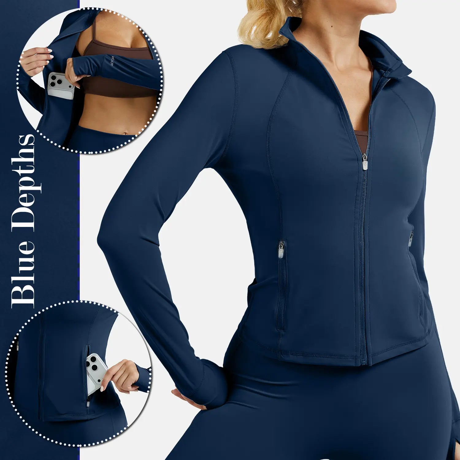 RIOJOY Women'S Basic Long Sleeve BBL Jacket - Spandex Fabric, Lightweight Stand-Up Collar, Full Zipper, Thumb Holes, Pockets, Quick Dry, Breathable, Slim Fit Reflective Outwear for Workout, Longsleeves, Coats