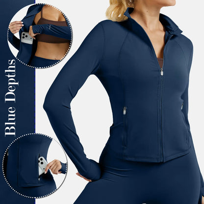 RIOJOY Women'S Basic Long Sleeve BBL Jacket - Spandex Fabric, Lightweight Stand-Up Collar, Full Zipper, Thumb Holes, Pockets, Quick Dry, Breathable, Slim Fit Reflective Outwear for Workout, Longsleeves, Coats
