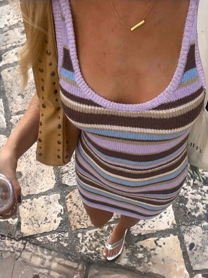 Summer Women'S Slimming Striped Knit Dress, Casual Fashion Long Sleeve round Neck Design, Perfect for Daily Wear, Bodycon Fit Striped Dress