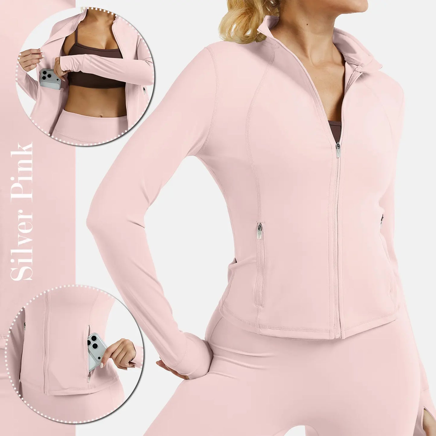 RIOJOY Women'S Basic Long Sleeve BBL Jacket - Spandex Fabric, Lightweight Stand-Up Collar, Full Zipper, Thumb Holes, Pockets, Quick Dry, Breathable, Slim Fit Reflective Outwear for Workout, Longsleeves, Coats