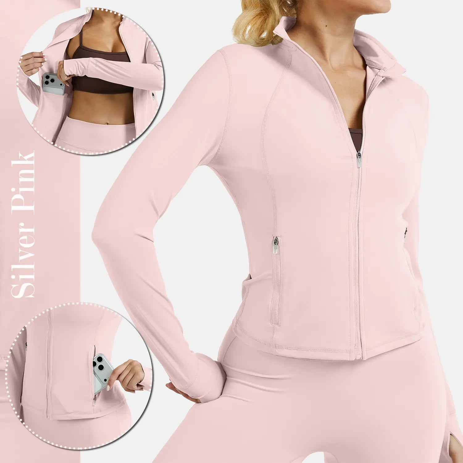 RIOJOY Women'S Basic Long Sleeve BBL Jacket - Spandex Fabric, Lightweight Stand-Up Collar, Full Zipper, Thumb Holes, Pockets, Quick Dry, Breathable, Slim Fit Reflective Outwear for Workout, Longsleeves, Coats