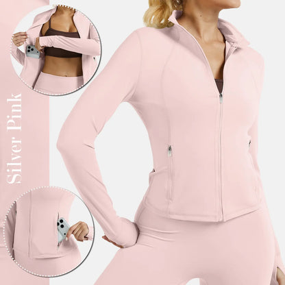 RIOJOY Women'S Basic Long Sleeve BBL Jacket - Spandex Fabric, Lightweight Stand-Up Collar, Full Zipper, Thumb Holes, Pockets, Quick Dry, Breathable, Slim Fit Reflective Outwear for Workout, Longsleeves, Coats