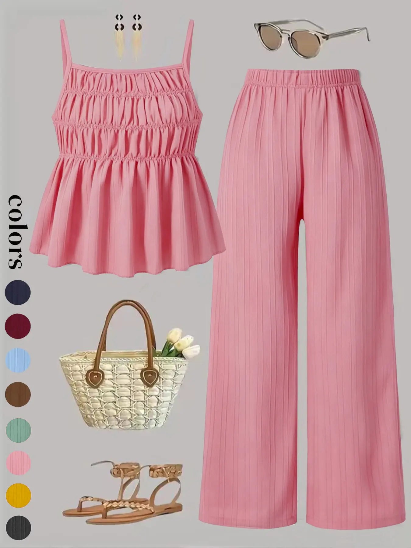 Two-Piece Set Women's Solid Color Cami Top & Wide Leg Pants Set, Street Fashion Casual Outfits for Daily Outdoor Wear