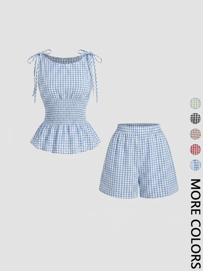 2 Piece Women'S Gingham Woven Fitted Adjustable Tie Shoulder Straps Smocked Waist Peplum Tank Top & Shorts Matching Set, Elastic Waistband, Breathable Lightweight Fabric Casual Wear for Daily Vacation Home Leisure, Aesthetic, Casual Lounge Set