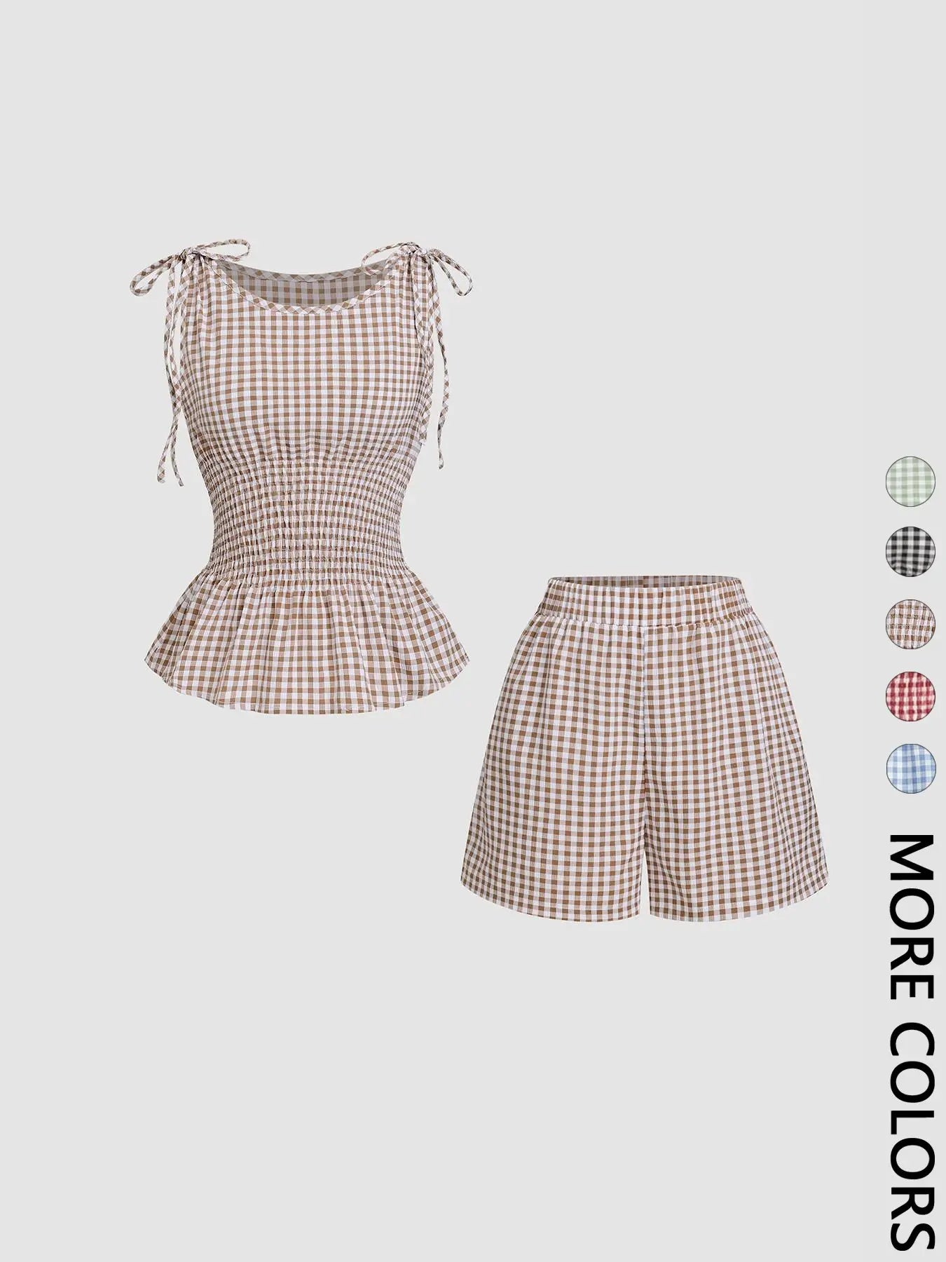 2 Piece Women'S Gingham Woven Fitted Adjustable Tie Shoulder Straps Smocked Waist Peplum Tank Top & Shorts Matching Set, Elastic Waistband, Breathable Lightweight Fabric Casual Wear for Daily Vacation Home Leisure, Aesthetic, Casual Lounge Set