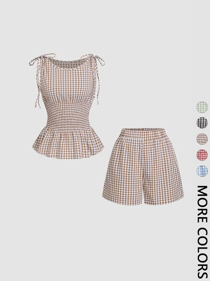 2 Piece Women'S Gingham Woven Fitted Adjustable Tie Shoulder Straps Smocked Waist Peplum Tank Top & Shorts Matching Set, Elastic Waistband, Breathable Lightweight Fabric Casual Wear for Daily Vacation Home Leisure, Aesthetic, Casual Lounge Set