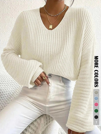 Women's Soft Drop Shoulder Loose Baggy Sweater, Casual Long Sleeve V Neck Jumper for Daily Outdoor Wear
