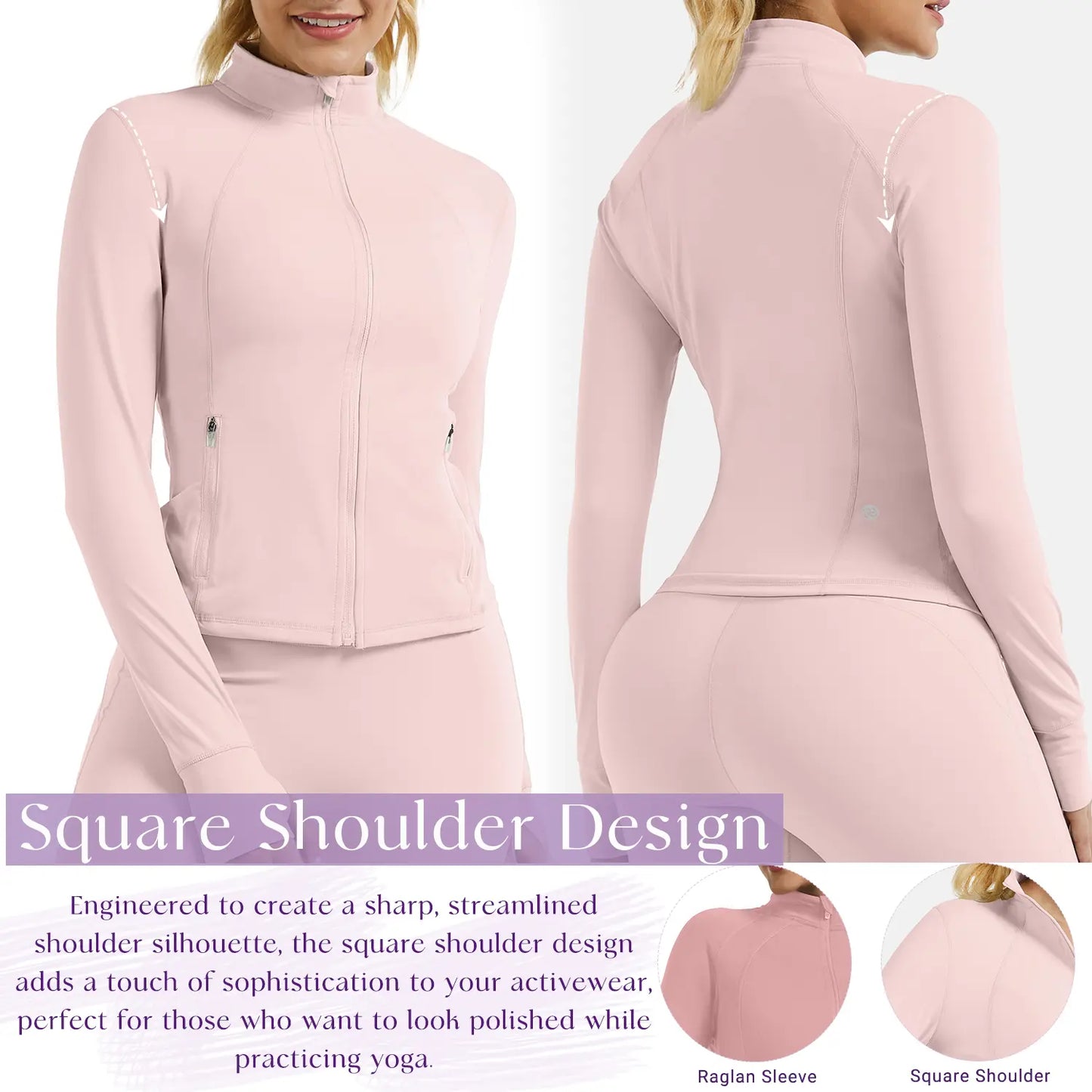 RIOJOY Women'S Basic Long Sleeve BBL Jacket - Spandex Fabric, Lightweight Stand-Up Collar, Full Zipper, Thumb Holes, Pockets, Quick Dry, Breathable, Slim Fit Reflective Outwear for Workout, Longsleeves, Coats