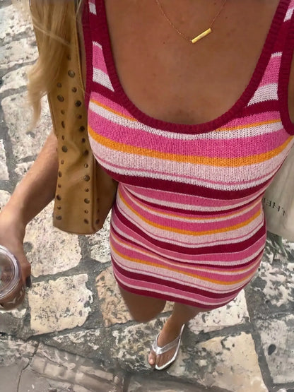 Summer Women'S Slimming Striped Knit Dress, Casual Fashion Long Sleeve round Neck Design, Perfect for Daily Wear, Bodycon Fit Striped Dress