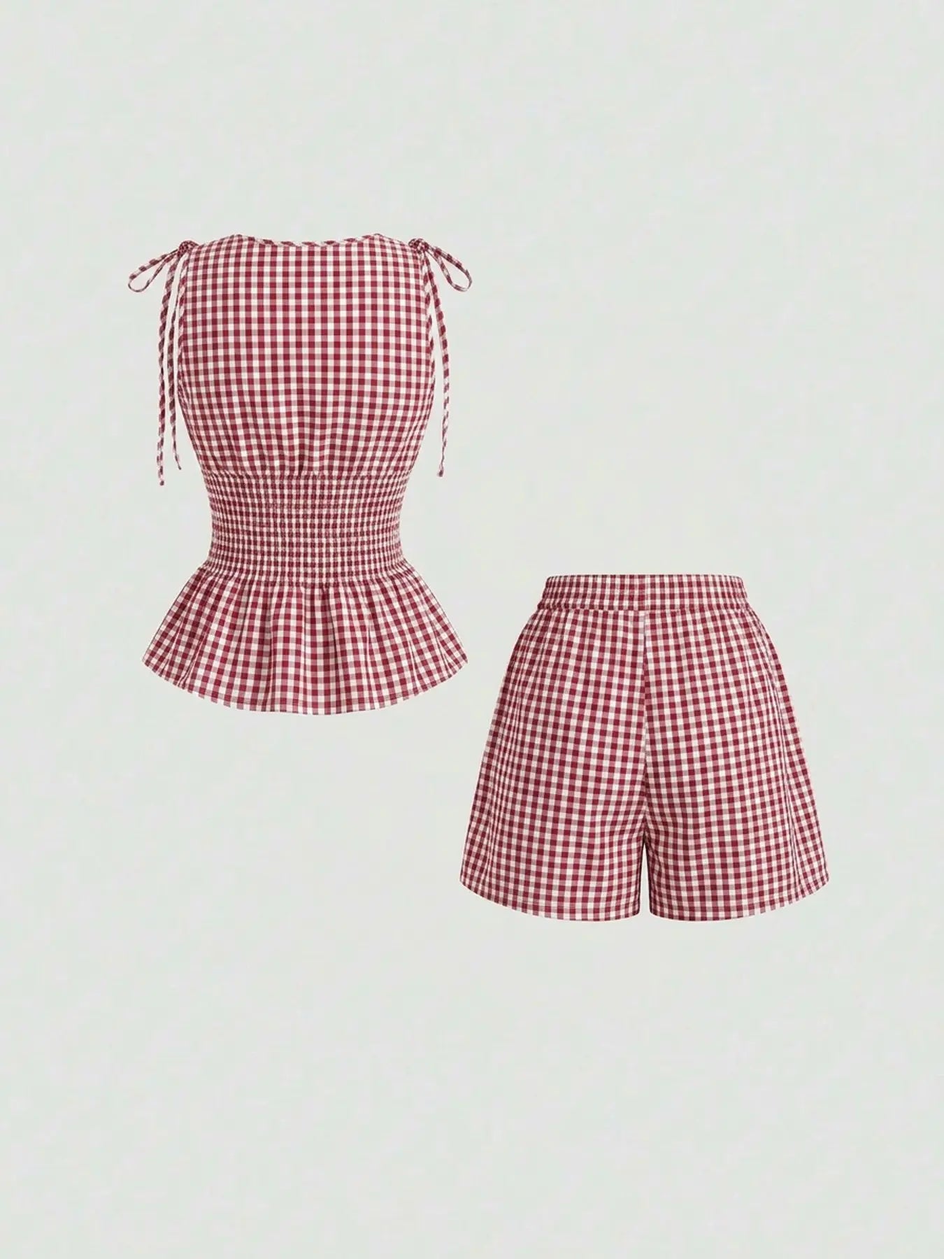 2 Piece Women'S Gingham Woven Fitted Adjustable Tie Shoulder Straps Smocked Waist Peplum Tank Top & Shorts Matching Set, Elastic Waistband, Breathable Lightweight Fabric Casual Wear for Daily Vacation Home Leisure, Aesthetic, Casual Lounge Set