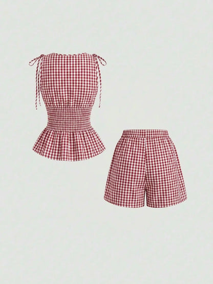 2 Piece Women'S Gingham Woven Fitted Adjustable Tie Shoulder Straps Smocked Waist Peplum Tank Top & Shorts Matching Set, Elastic Waistband, Breathable Lightweight Fabric Casual Wear for Daily Vacation Home Leisure, Aesthetic, Casual Lounge Set