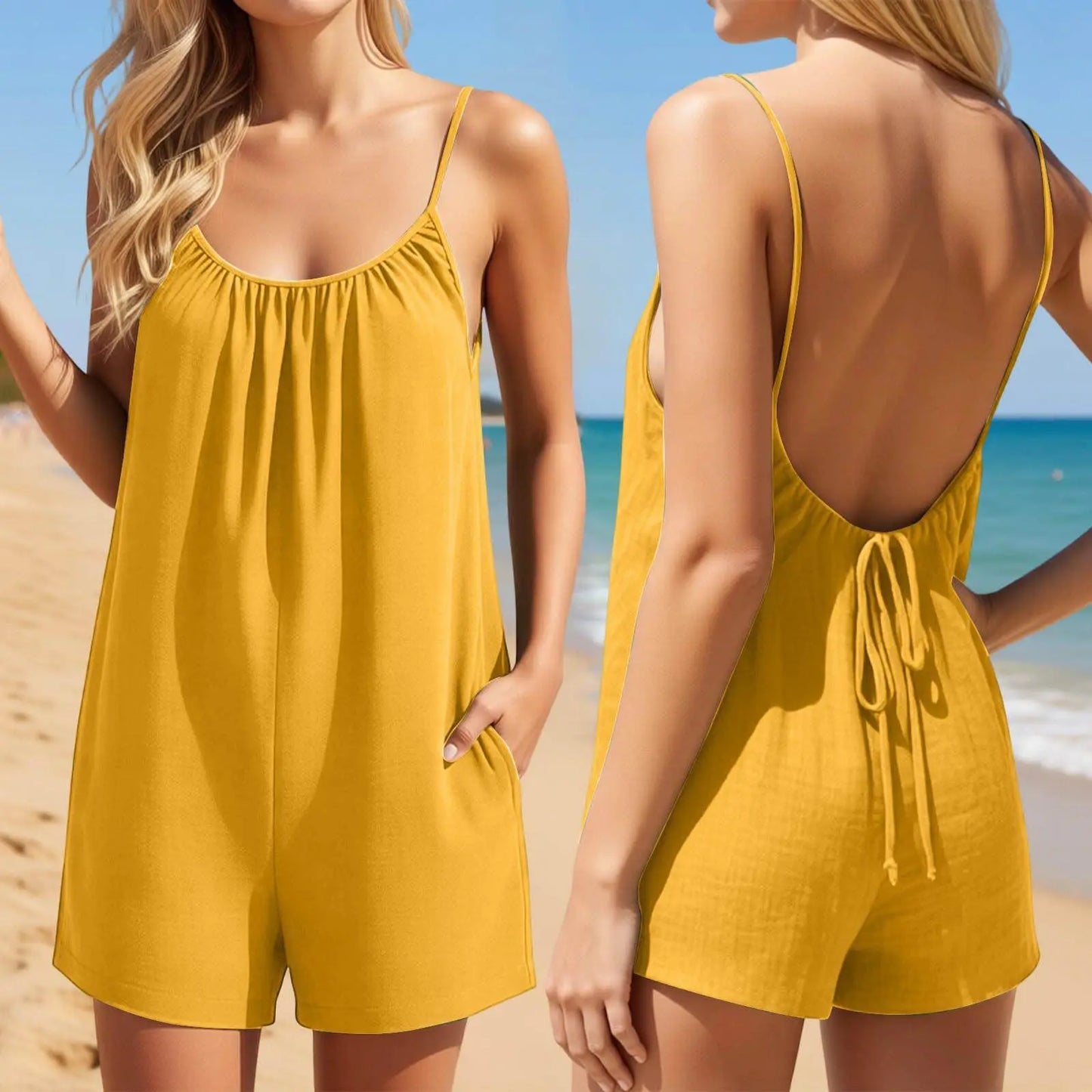 Casual Summer Sleeveless Romper Women Loose Fit Cami Short Jumpsuit with Pockets Solid Color Backless Tie up Spaghetti Strap Flowy Playsuit Comfortable One Piece Outfit Lounge Everyday Wear Beach Vacation Boho Holiday Cute Shorts Set Ladies Clothing